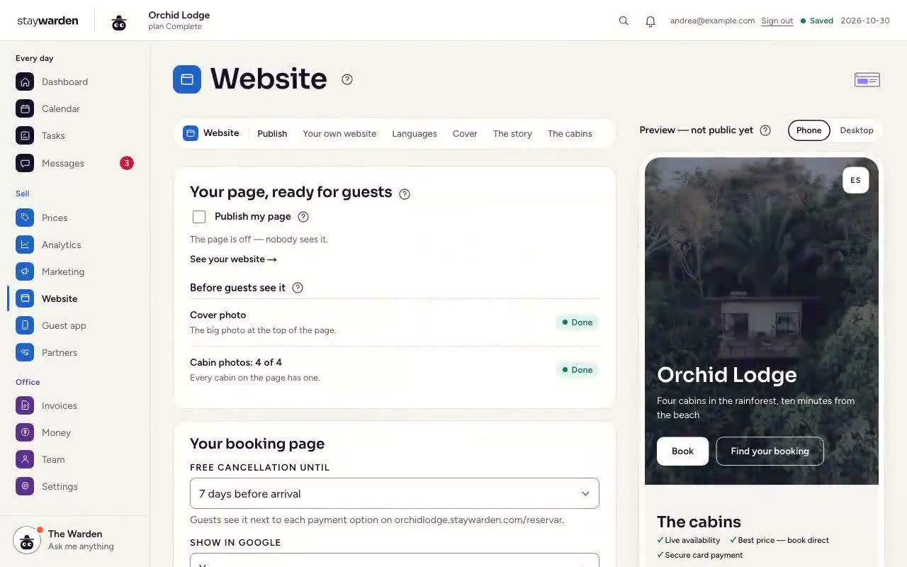 The Website tab in the panel: the page ready for guests, with a phone preview of the example lodge’s website and its Book button.