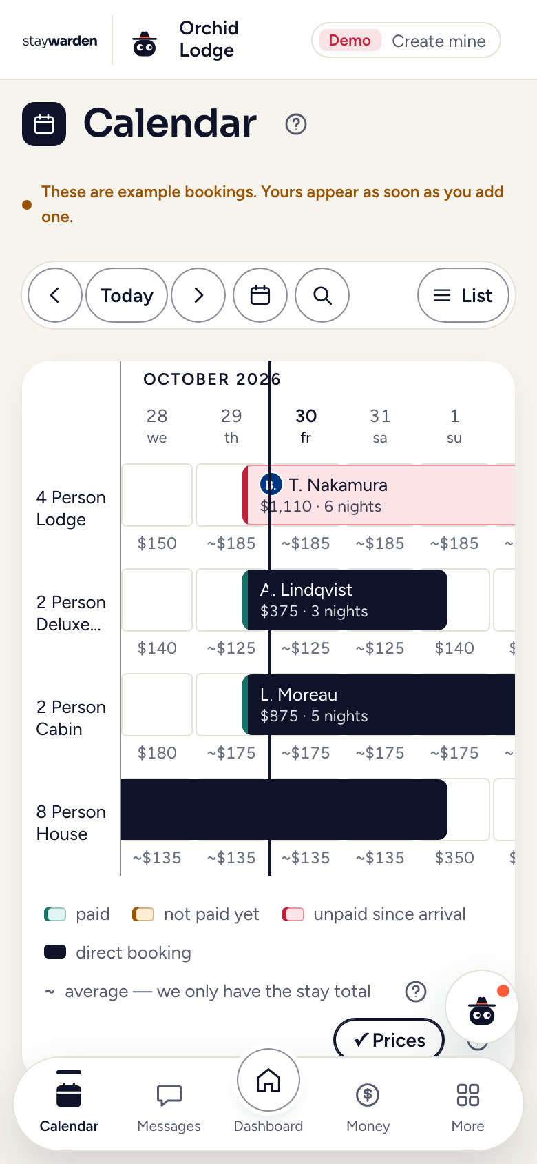 Staywarden’s calendar on the made-up demo lodge Orchid Lodge: one row per room type, each booking across its nights, and the price under every night.