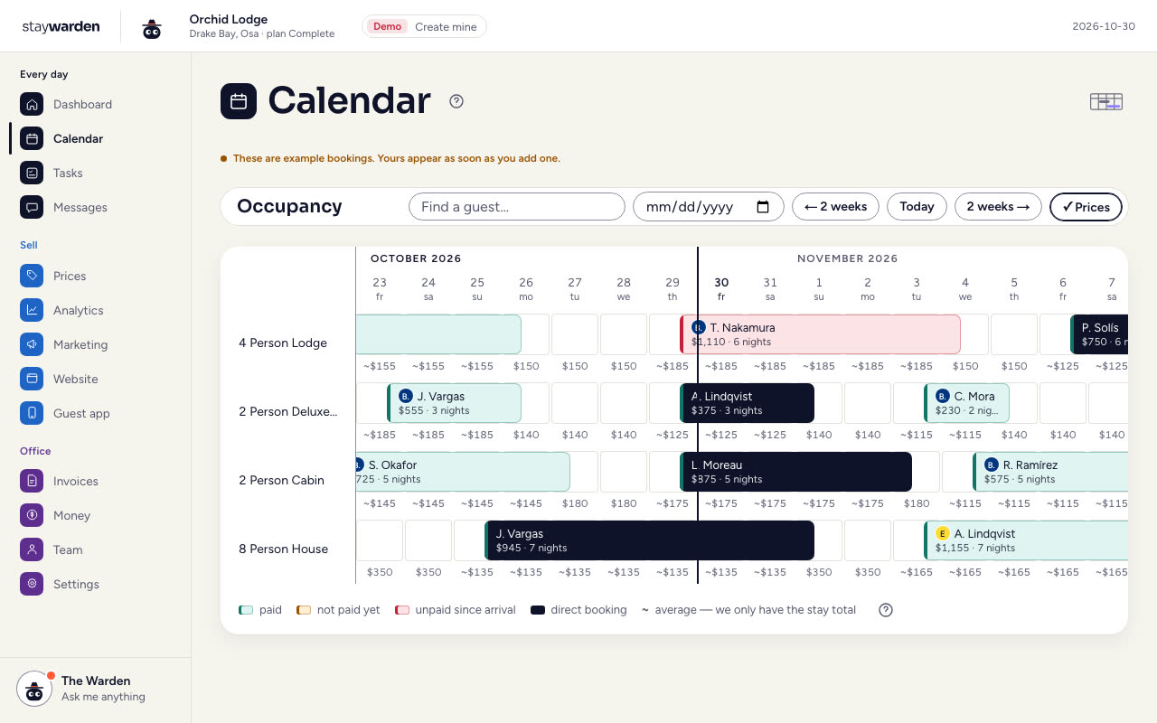 Staywarden’s calendar on the made-up demo lodge Orchid Lodge: one row per room type, each booking across its nights, and the price under every night.