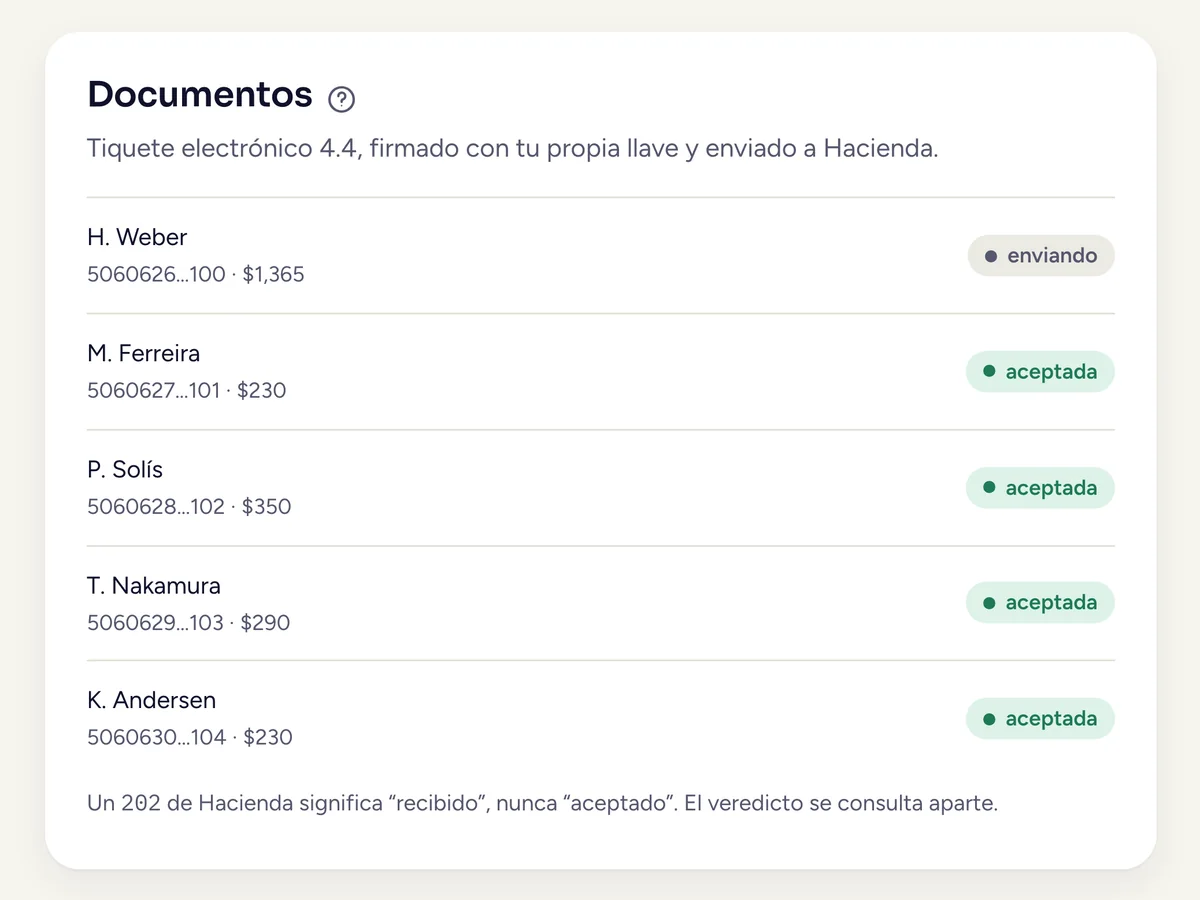 La pantalla de Facturas de Staywarden: cinco tiquetes electrónicos, cuatro ya aceptados por Hacienda.